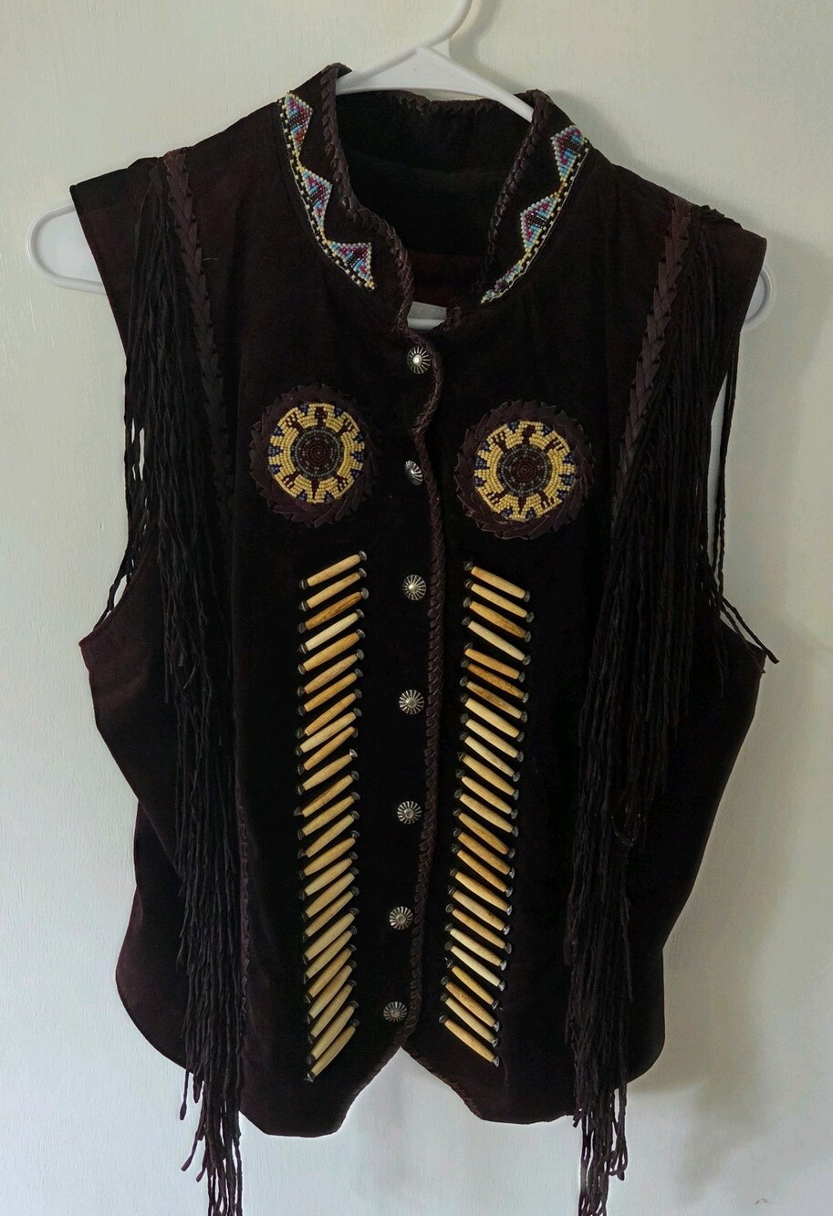 Vintage Diamond Leathers dark purple Leather Fringe Vest Bone Beads women's 12